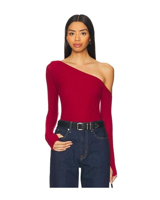 Michael Lauren Red Magdaleno Asymmetrical Fitted Cold Shoulder Long Sleeve Top