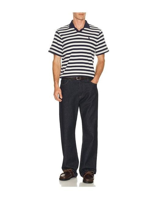 Polo Ralph Lauren Black Short Sleeve Cotton Club Stripe Textured Fully Fashioned Johnny Collar Polo for men
