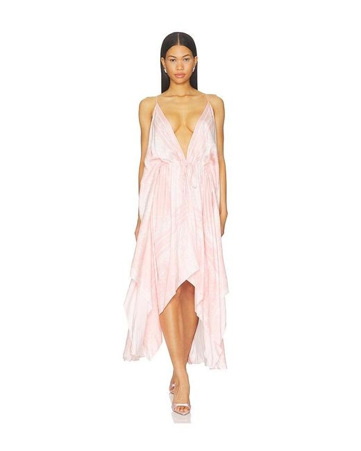 Balmain Pink Open Shoulder Foulard Print Dress In Rose & Blanc