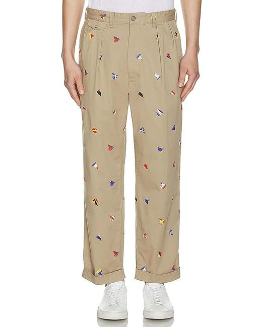 Beams Plus Natural 2 Pleats Trousers Embroidery On Print for men