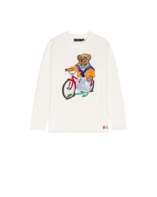 Polo Ralph Lauren White Long Sleeve Cotton Novelty Harbor Island Bear Rollneck Sweater for men