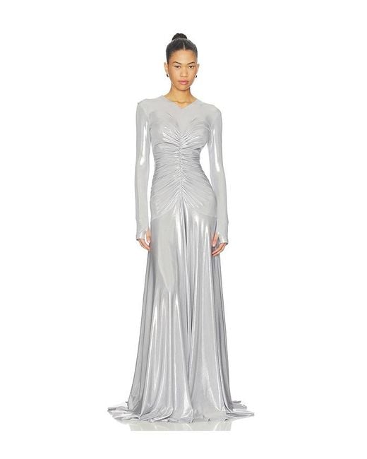 Norma Kamali White Long Sleeve V Neck Shirred Front Flared Gown