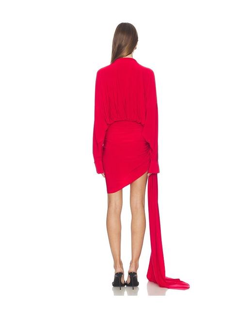 Norma Kamali Red Oversized Shirt Side Drape Dress With Bow
