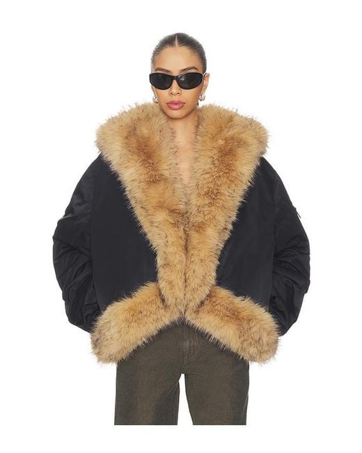 ROTATE BIRGER CHRISTENSEN Blue Faux Fur Collar Bomber Jacket