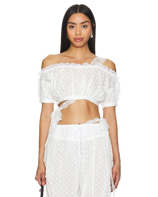 YUHAN WANG White Embroidered Ruched Crop Top