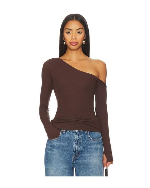 Michael Lauren Brown Magdaleno Long Sleeve Fitted Asymmetrical Cold Shoulder Top