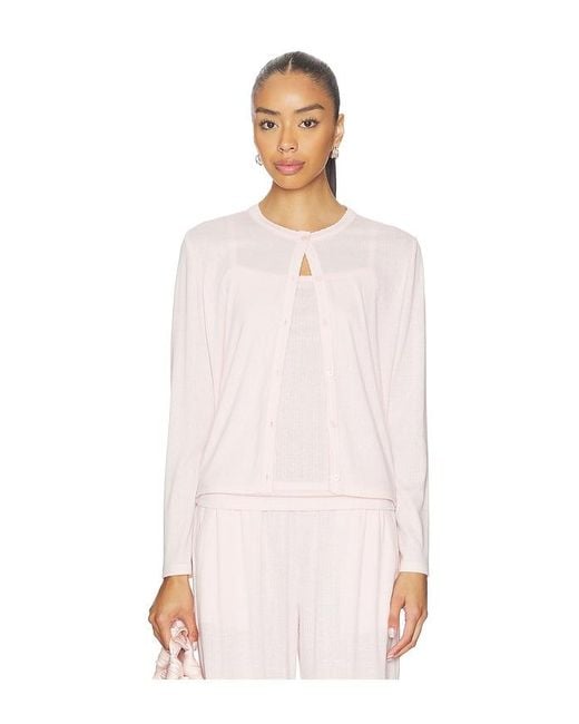Barefoot Dreams Pink Pointelle Rib Cardigan With Scallop Trim