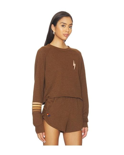 Aviator Nation Brown Bolt Rugby Stitch Cropped Crew Sweatshirt