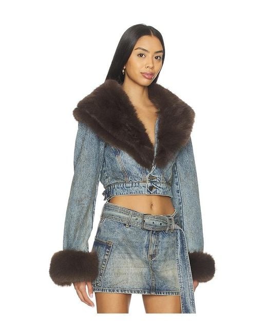 AFRM Black The Low Neck Denim Jacket With Faux Fur