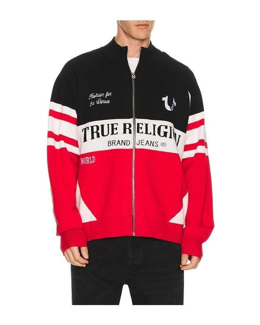True Religion Red Racing Raglan Zip Sweater for men