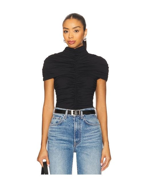 Susana Monaco Blue Mock Neck Overlay Gathered Top