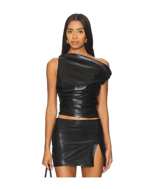 Lovers + Friends Black One-Shoulder Ruched Faux Leather Top
