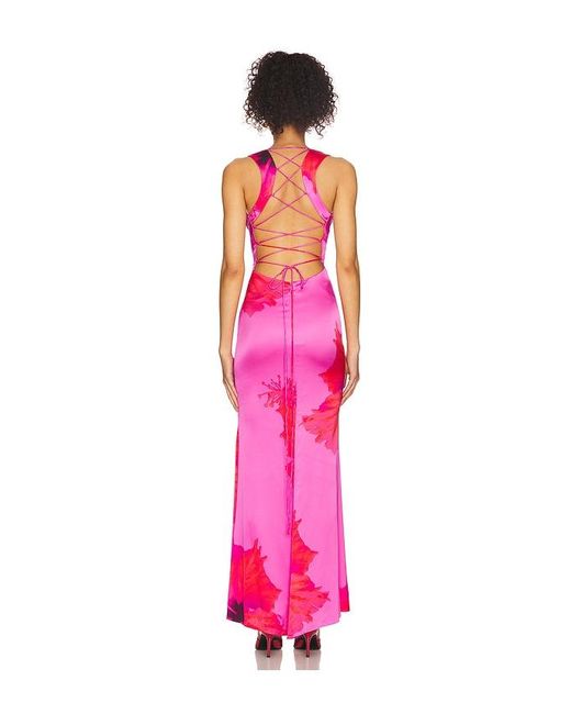 lace maxi dress good american Good American Satin lace up Maxi Dress in Pink hibiscus