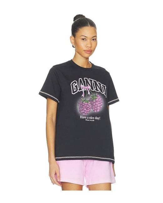 Ganni Multicolor Basic Cotton Jersey Raspberry Print T-Shirt