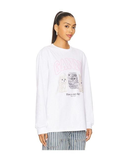 Tシャツ・カットソー GANNI Re-cut Heavy Jersey Animals Long Sleeve Top Ganni Re-Cut Heavy Jersey Animals Long Sleeve in White