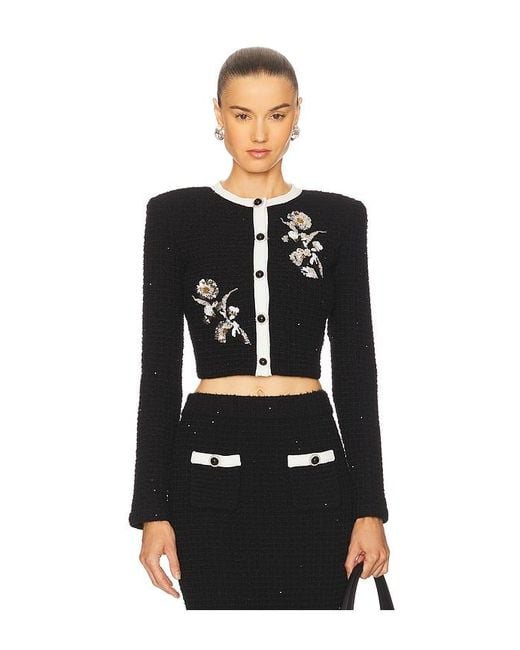 Self-Portrait Black Floral Textured Knit Jacket