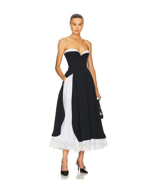 Helsa Blue The Finale Midi Dress With Lace & Poplin