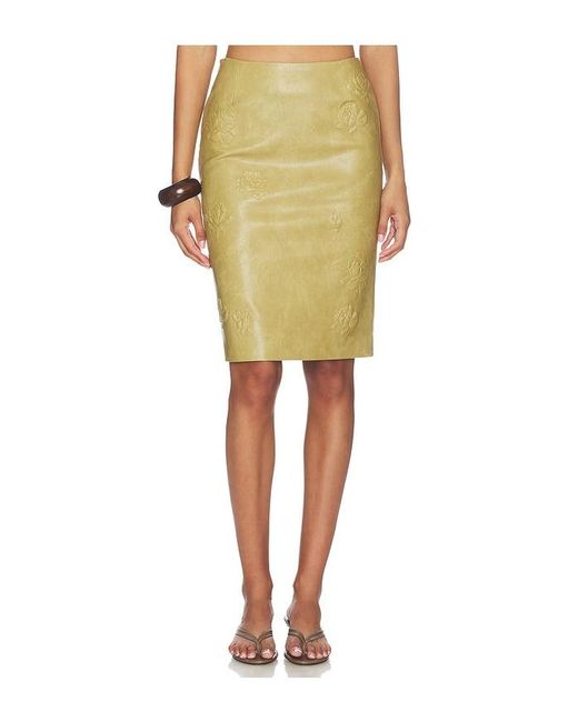 Markgong Yellow Dust Faux Leather Floral Imprinted Pencil Skirt