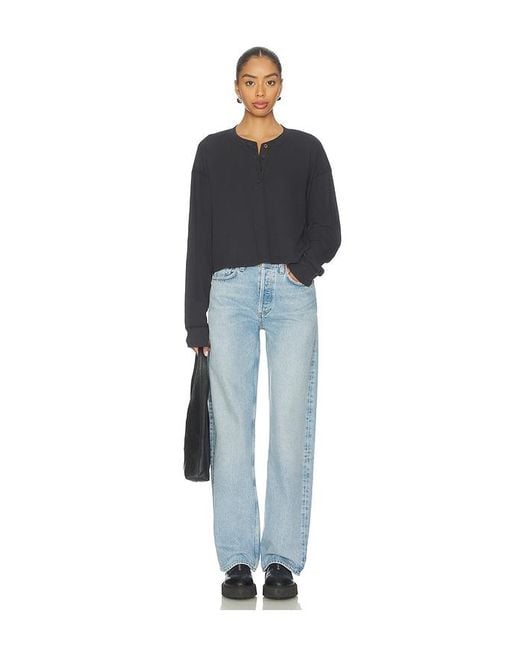 Re/done Blue Boxy Waffle Henley Top