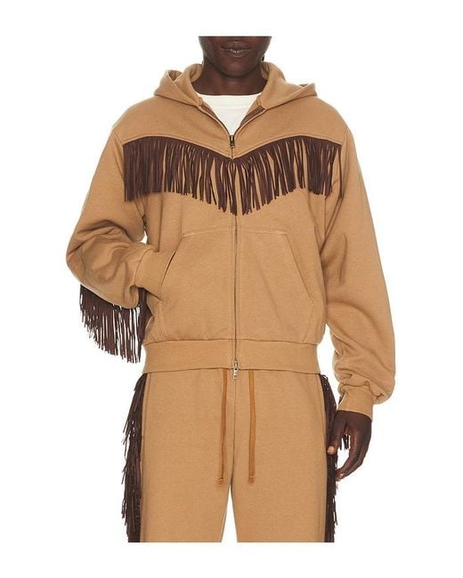 Austin Post Brown Fringed Full Zip Hoodie for men