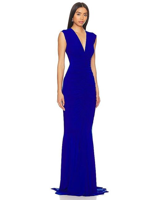 Norma Kamali Blue Sleeveless Deep V Neck Shirred Front Fishtail Gown