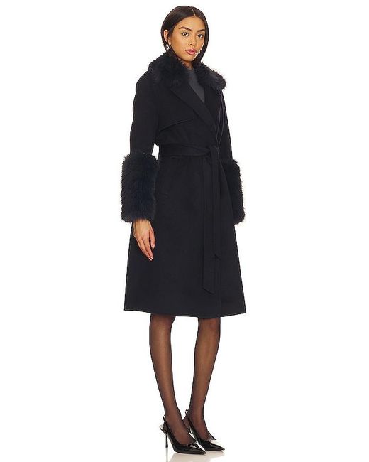 Adrienne Landau Black Faux Fur Trim Wool Coat