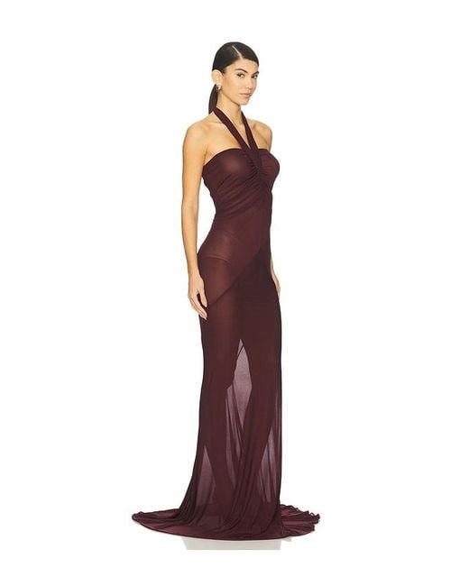 Atlein Red Halter Neck Ruched Gown