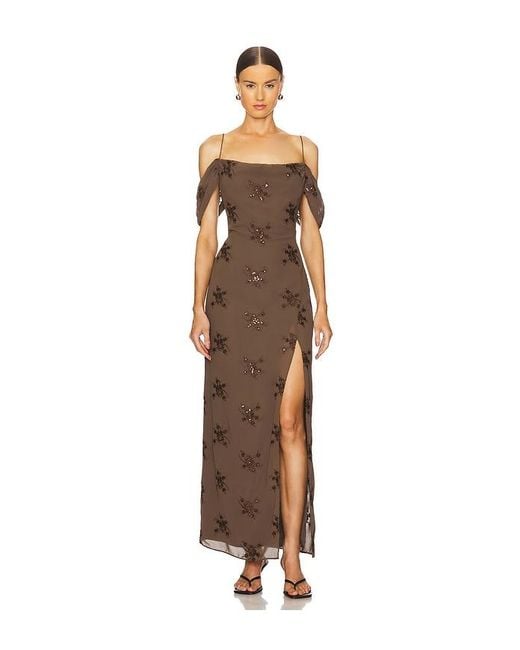 LPA Natural Embroidered Chiffon Maxi Dress