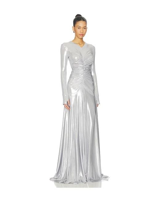 Norma Kamali White Long Sleeve V Neck Shirred Front Flared Gown