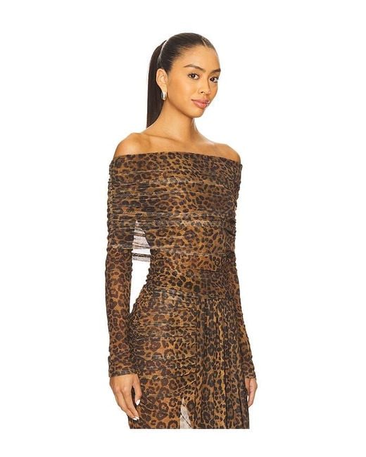 LAPOINTE Brown Printed Mesh Off The Shoulder Top