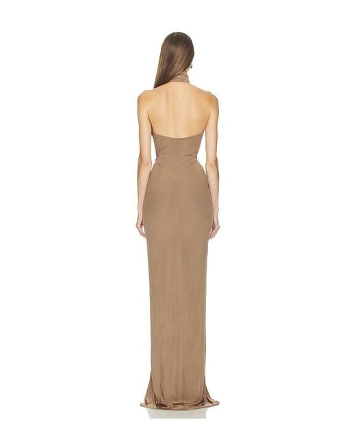 Atlein Natural Halter Neck Front Ruched Gown
