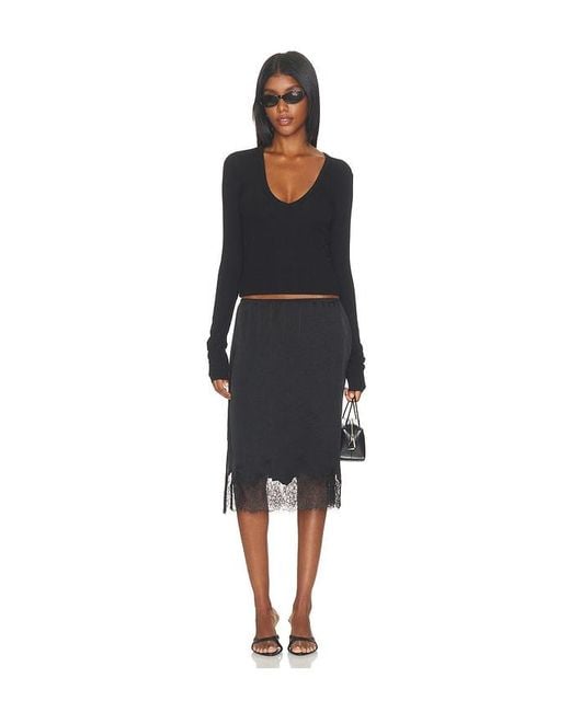ÉTERNE Black Butter Rib Long Sleeve V-Neck Top
