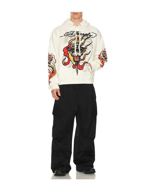 Ed Hardy White Panther Flame Boxy Rhinestone Fleece Hoodie for men