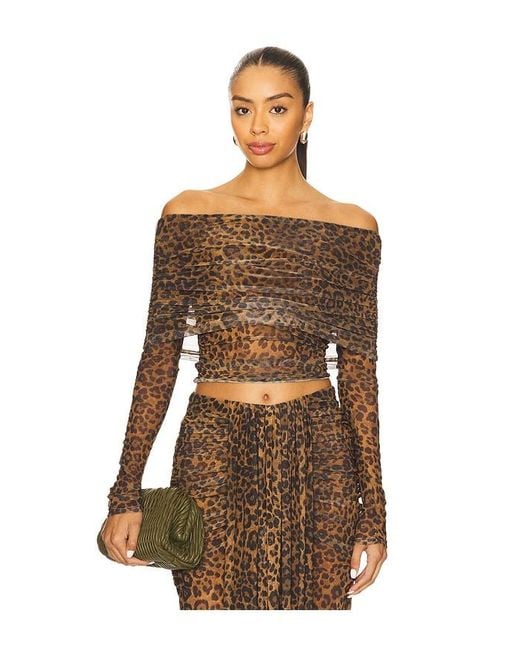 LAPOINTE Brown Printed Mesh Off The Shoulder Top