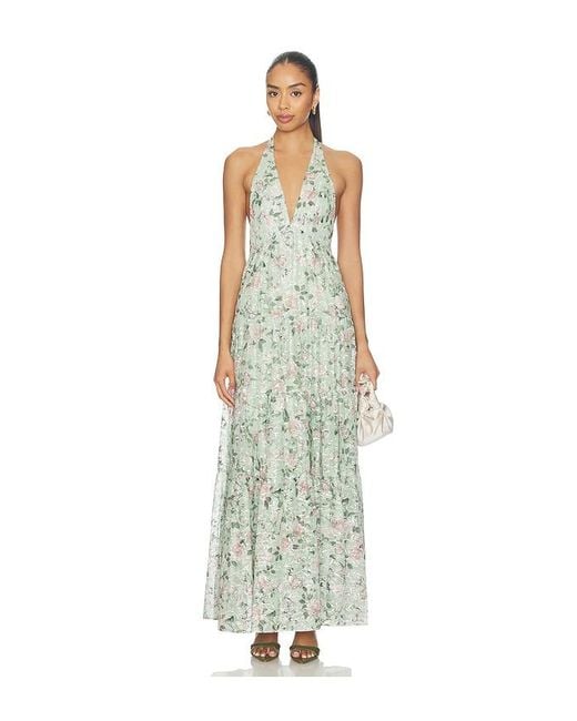 Alice + Olivia White Maura Embroidered Deep V Halter Tiered Maxi Dress