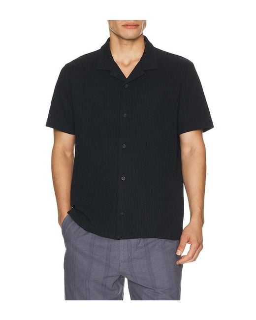 Vince Black Macro Waffle Short Sleeve Shirt Button Down Cabana for men
