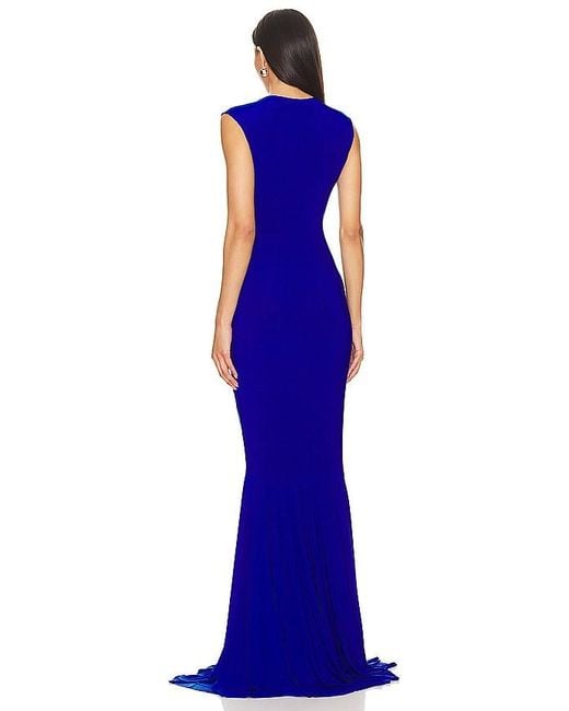 Norma Kamali Blue Sleeveless Deep V Neck Shirred Front Fishtail Gown