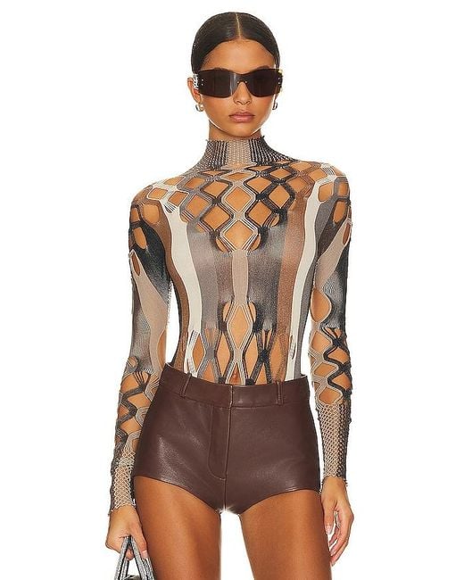 POSTER GIRL Brown Amphitrite Bodysuit Shapewear Fishnet Polo Neck Bodysuit