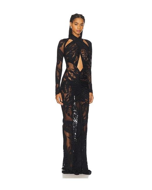 LAPOINTE Black Burnout Jersey Halter Ruched Gown