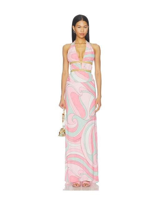 Runaway the Label Pink Xylia Halter Low Plunge Maxi Dress