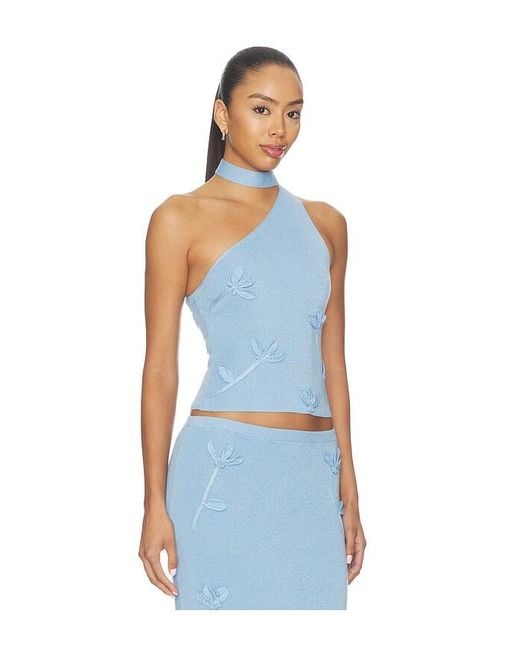 MAJORELLE Blue Kaidyn One Shoulder Flower Embroidered Top