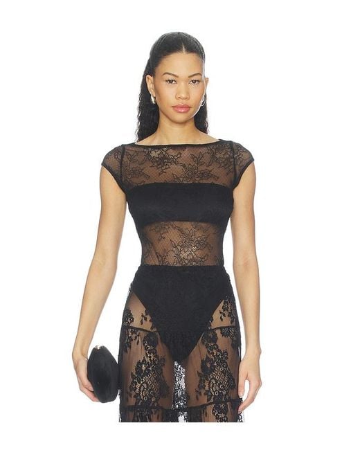 Runaway the Label Black Opaline Boat Neck Lace Bodysuit