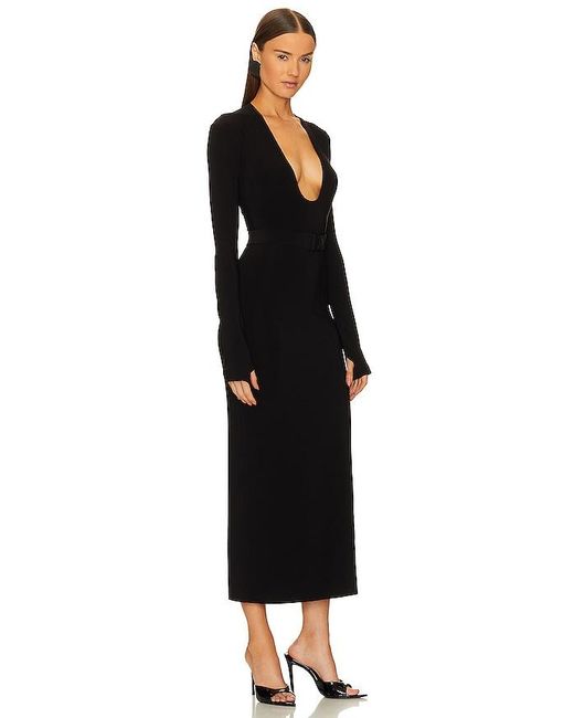 Norma Kamali Black Long Sleeve Deep U Neck Side Slit Gown