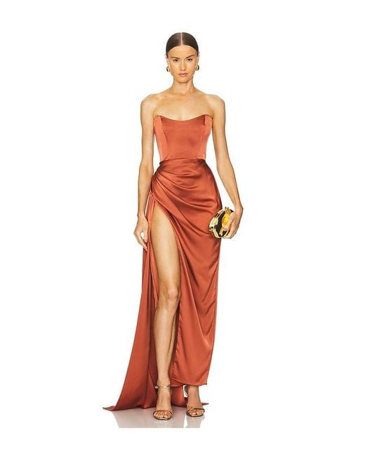Katie May Orange Ruched Satin Gown With Boned Bodice