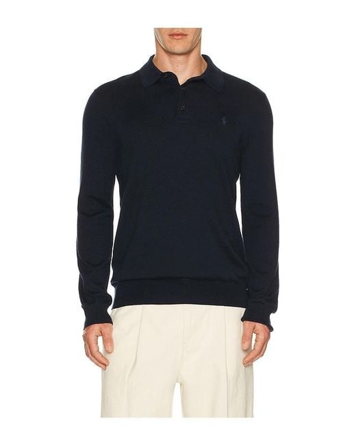 Polo Ralph Lauren Blue Long Sleeve Merino Wool Button Placket Polo Sweater for men