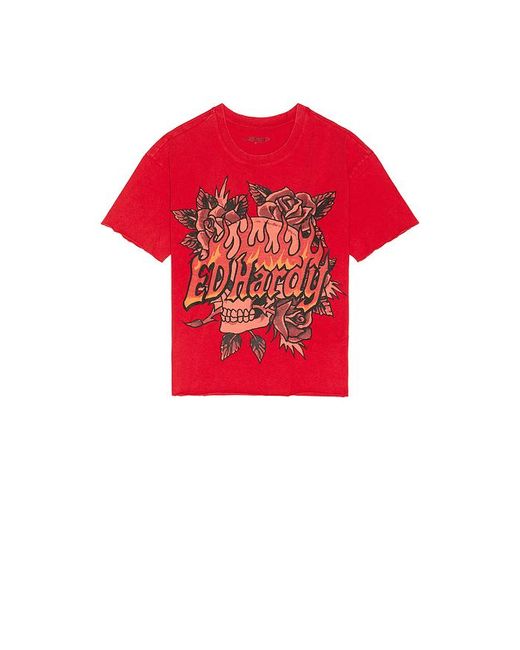 Ed Hardy Red Skull Roses Boxy Cropped Tee for men