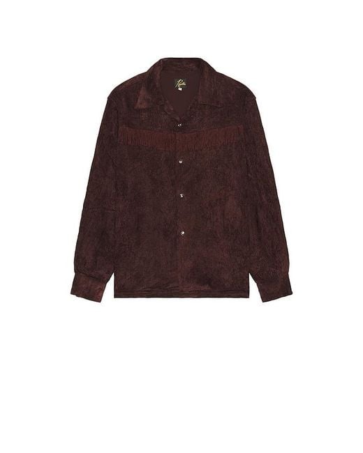 Needles Brown Fringe Open Collar Shirt Rayon Corduroy for men
