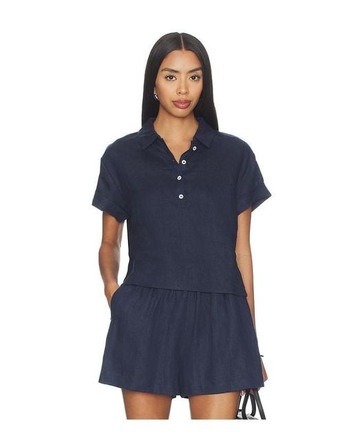 PERFECTWHITETEE Blue Linen 1/4 Button Down Collared Tee