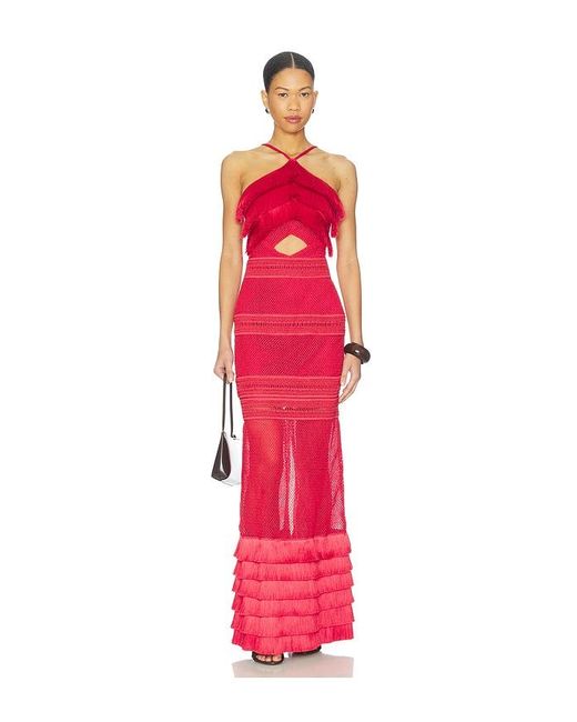 PATBO Red Radiant Fringe Halterneck Maxi Dress