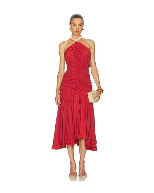 Balmain Red Shell Detail Draped Crepe Long Dress